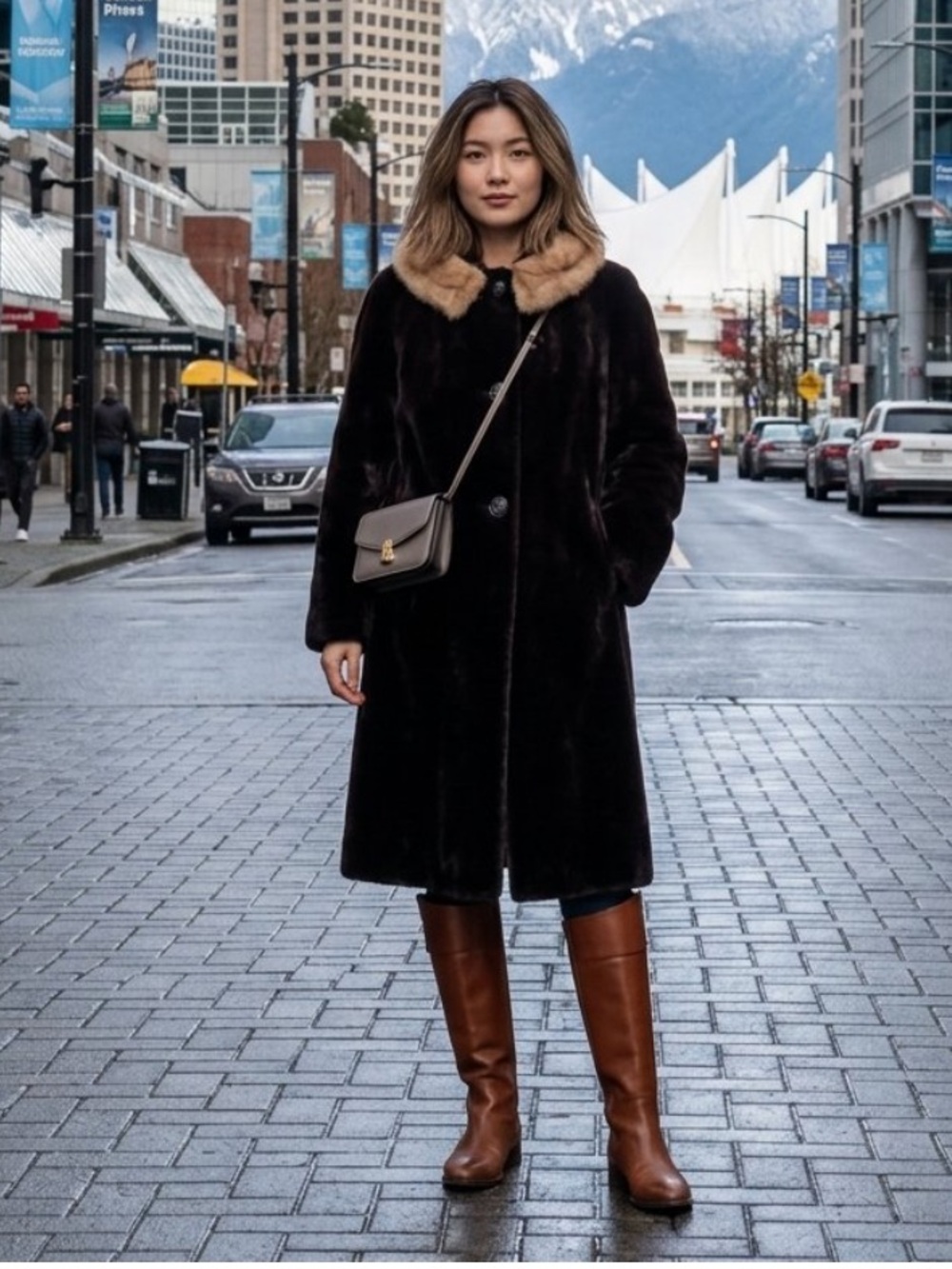 BORGSEAL Dark Brown Faux Fur Pea Coat
Tan Mink Collar
Large
Chic. Fun. Elegant!